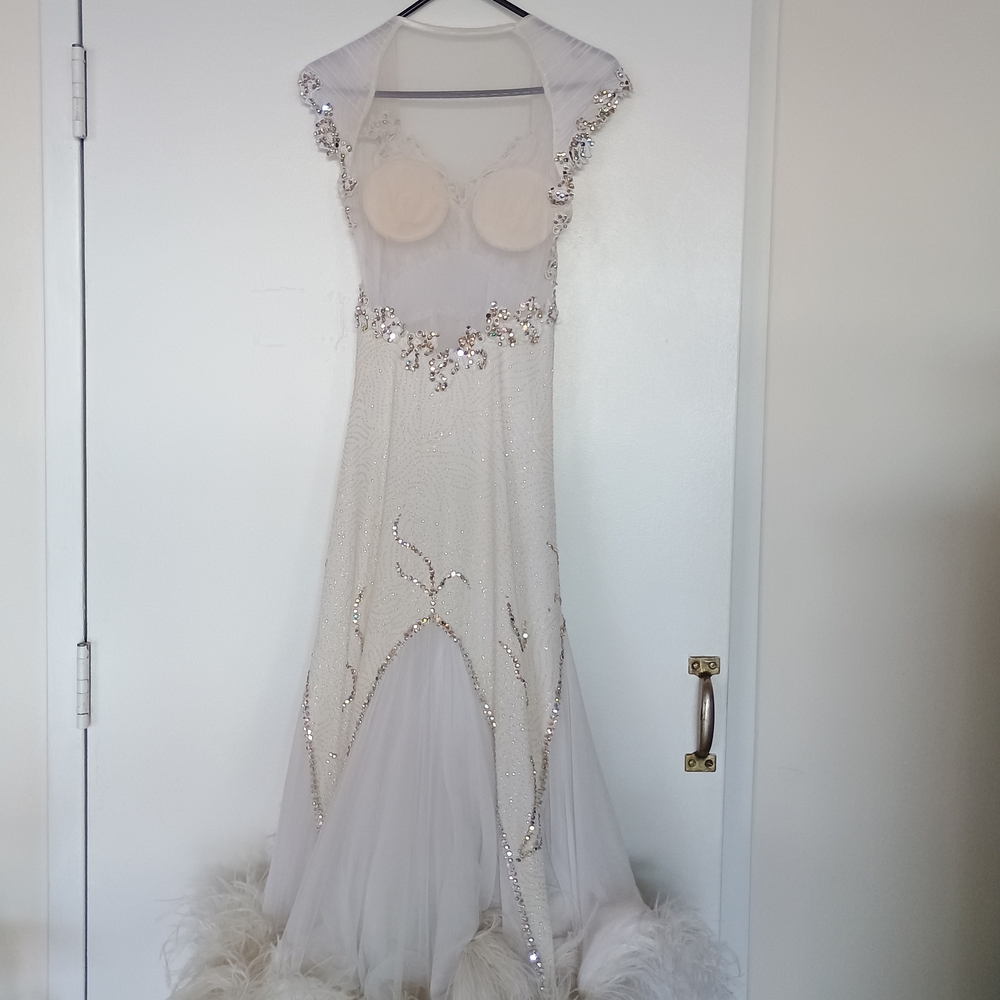 White Feathered International Ballroom Gown with Floaters - Picture 4 of 12